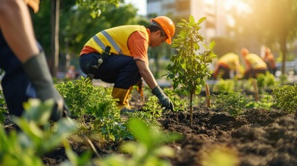 Workers plant trees and shrubs to improve urban green spaces in the development project