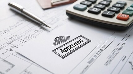 A close-up shot of a mortgage document with a bold "Approved" stamp, alongside a pen and a calculator, conveying finalization and success
