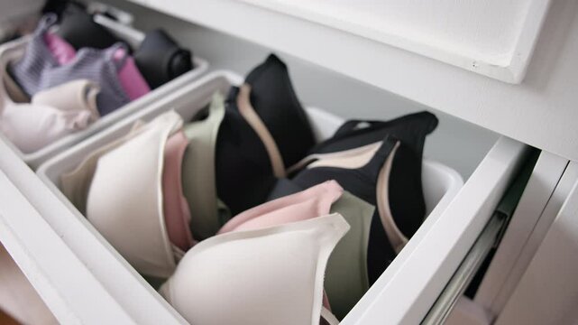 Close-up no people arrange stack undies manage used old wireless bra neat basket box clean house closet shelf eco woman care. Go green wife home chores zero waste reduce underwear cup fabric issue.