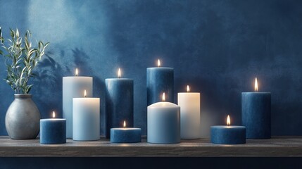 Blue Candles on Wooden Shelf