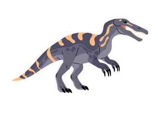 Jurassic dinosaur with open jaw. Carnivorous dino with crocodile head. Suchomimus. Aggressive prehistoric reptile. Dangerous ancient animal. Paleontology. Flat isolated vector illustration on white