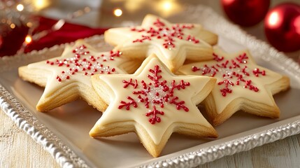 Fototapeta premium Delightful star-shaped cookies adorned with festive designs and a sweet marzipan topping. 