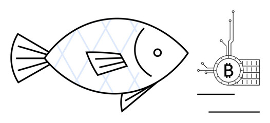A simple black and white line drawing of a fish next to a Bitcoin symbol integrated with a blockchain design. Ideal for technology, cryptocurrency, blockchain, marine, financial industries