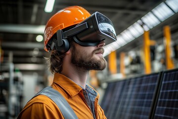 Worker in a modern manufacturing facility using virtual reality technology while wearing safety gear and examining equipment for augmented reality applications