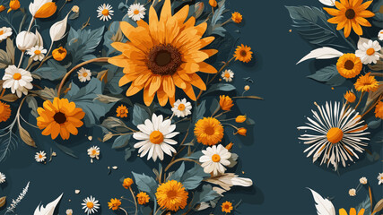 Seamless floral pattern with sunflowers, daisies, and green foliage on a dark teal background. Ideal for textiles and wallpapers.