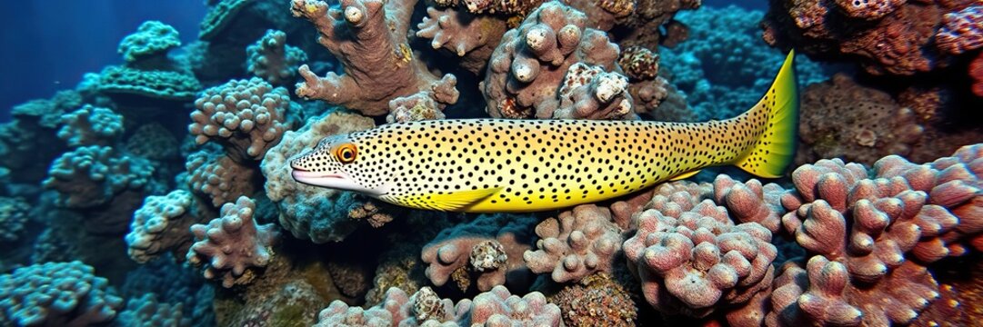 Goldentail moray eel swimming through a coral colony, slithery body, tropical fish