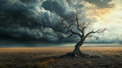 Embracing Rebirth: Withered Tree in Desolate Field Amid Stormy Skies - Symbolic Landscape of Renewal and Transformation