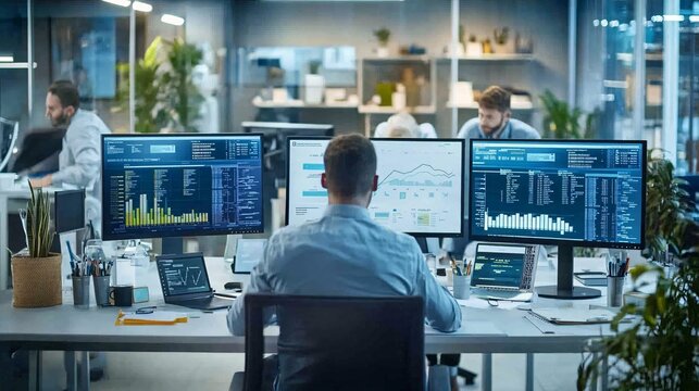 A sleek, modern office with financial advisors working, mortgage rates and loan terms shown on large digital screens, professional lighting