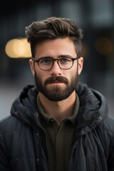 Fototapeta premium Detailed portrait of a young man wearing glasses and sporting a well groomed beard