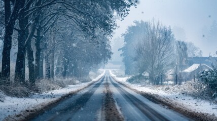 Snow fall on the road isolated background. Winter snowy flake snow falling on the road with trees. Snowflake winter season isolated road path way background