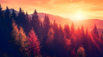Naklejka premium A scenic view of the sun setting over a forest of colorful autumn trees, casting warm orange and pink hues in the sky.