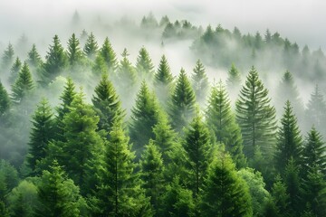 Fototapeta premium Misty Evergreen Forest Landscape - Tranquil Nature Scene for Prints