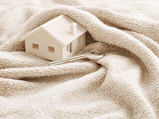 A small house model and key placed atop a property loan application, representing mortgage collateral, with a minimalist design and ample copy space for text or branding.