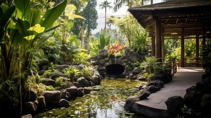 Green hotel nestled among botanical gardens, showcasing an eco conscious architectural style.