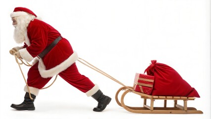 Full length profile shot of santa claus pulling a wooden sled with a red sack full of presents isolated on white background