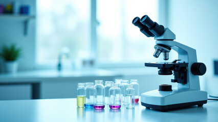 A close-up of an optical microscope with various colored liquids in test tubes on a lab bench.