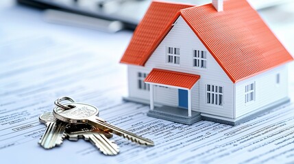 Perspective view of a young couple signing mortgage approval forms, house model and keys on the desk, background showcasing an urban financial district
