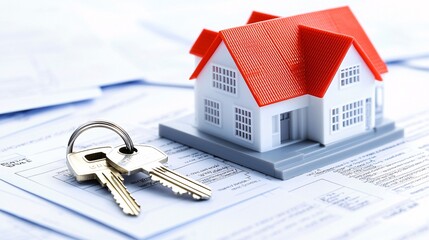 Perspective view of a young couple signing mortgage approval forms, house model and keys on the desk, background showcasing an urban financial district