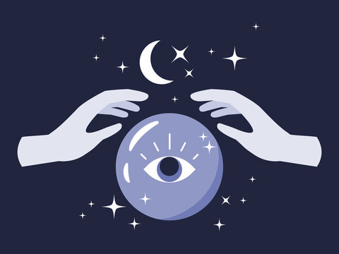 Crystal ball fortune telling, magical illustration.