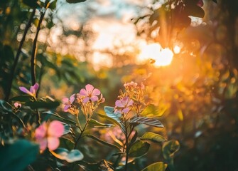 Obraz premium Closeup of delicate pink flowers blooming in the warm glow of the setting sun, with soft, blurred foliage in the background.