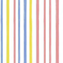 Abstract pattern of alternating vertical blue, yellow, and red stripes on a clean white background with a hand-painted look