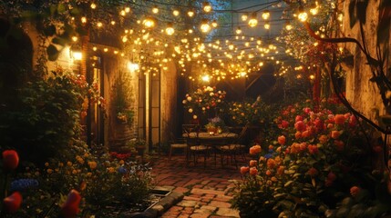 Romantic Evening Garden with Lights