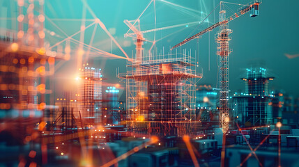 vibrant construction site with scaffolding and cranes, overlaid with a futuristic digital mesh, symbolizing advanced engineering and technology