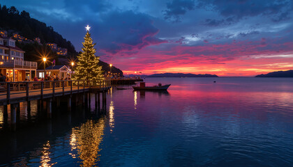 Fototapeta premium Christmas tree on pier at sunset over coastal town