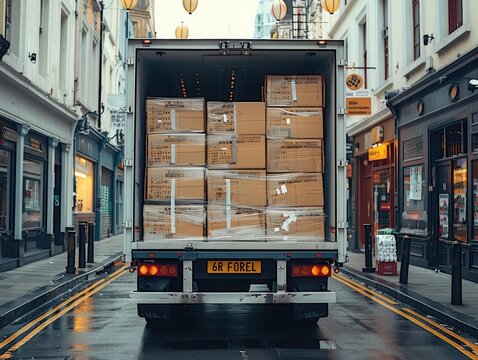The back of a industrial lorry in a street. the doors are open and the lord filled with boxes inside. Delivery van with an open back door.