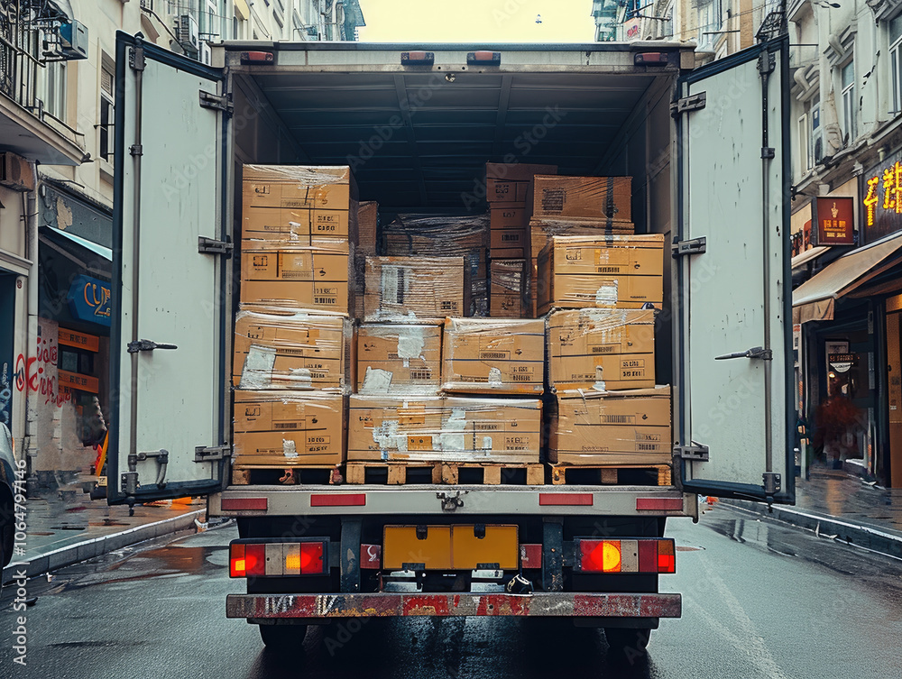 Aufkleber the back of a industrial lorry in a street. the doors are open and the lord filled with boxes inside