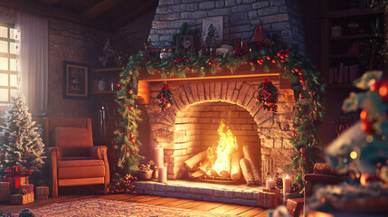 A cozy fireplace adorned with mistletoe and seasonal decorations.