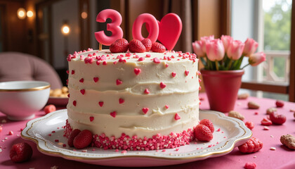 30th birthday cake with strawberries and heart decorations