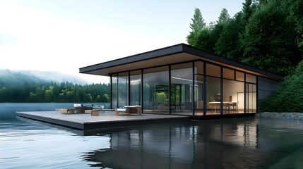 Obraz premium A sleek, glass lake house on a Canadian lakefront, with a wooden deck, large windows, and surrounded by evergreen forest, offering serene water views.