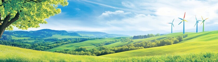 Obraz premium A serene landscape featuring rolling hills, a clear sky, and colorful wind turbines.