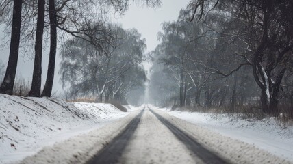 Snow fall on the road isolated background. Winter snowy flake snow falling on the road with trees. Snowflake winter season isolated road path way background