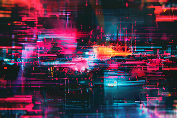 Vibrant neon glitch background with distorted digital visuals and abstract effect