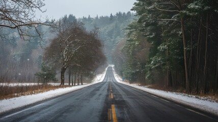 Fototapeta premium Snow fall on the road isolated background. Winter snowy flake snow falling on the road with trees. Snowflake winter season isolated road path way background