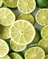 Fresh juicy green lime slices. Texture of sliced ​​citrus fruits. Lime slice patterns. Bright summer style. Flat lay, top view.