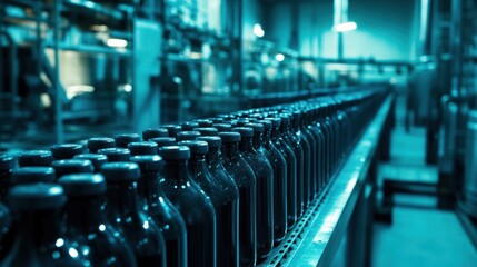 Bottles on a Conveyor Belt in a Factory
