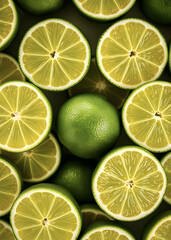 Fototapeta premium Fresh juicy green lime slices. Texture of sliced ​​citrus fruits. Lime slice patterns. Bright summer style. Flat lay, top view.