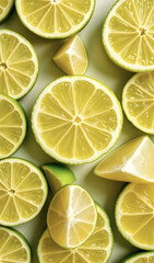 Fresh juicy green lime slices. Texture of sliced ​​citrus fruits. Lime slice patterns. Bright summer style. Flat lay, top view.
