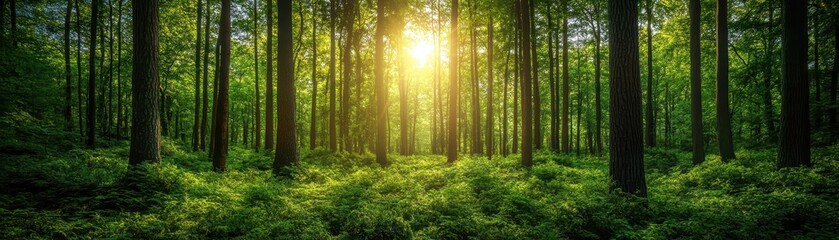 Obraz premium Sunlight Filtering Through Lush Green Forest Trees Creating a Serene and Peaceful Natural Landscape