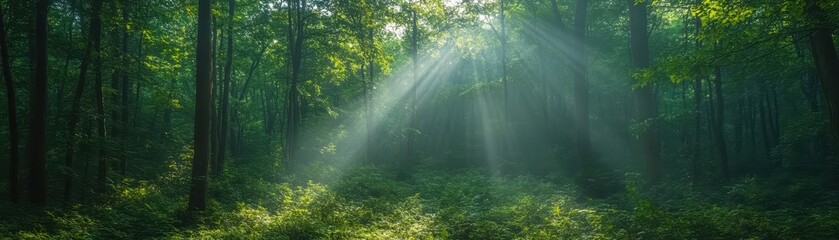 Obraz premium Sunlight Streaming Through Lush Green Forest Canopy Creating a Serene and Tranquil Atmosphere in a Dense Woodland Setting
