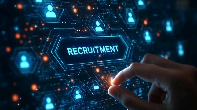 Recruitment icon in digital screen for online recruitment process and job seeker concept, symbolizing human resources & hiring, highlighting modern technological approach to talent acquisition
