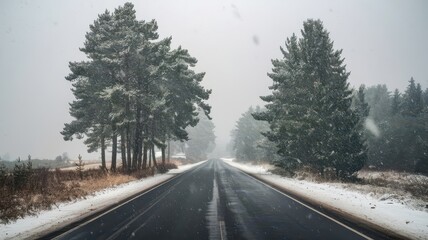 Snow fall on the road isolated background. Winter snowy flake snow falling on the road with trees. Snowflake winter season isolated road path way background