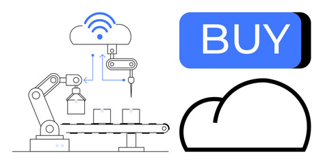 Robotic arm assembling products on conveyor belt with cloud connectivity, blue buy button, black cloud icon. Ideal for industry 4.0, manufacturing, automation, cloud computing, ecommerce, IoT, remote