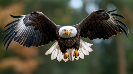 Obraz premium Close-up of a bald eagle in flight with wings spread wide against a blurred natural background