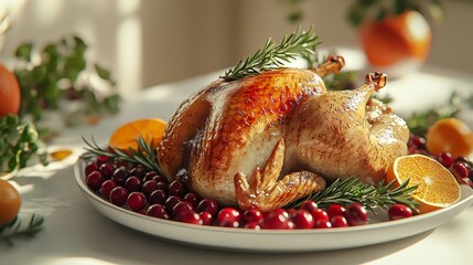 Roasted turkey with a golden-brown skin, garnished with fresh rosemary, orange halves, and cranberries on a serving platter