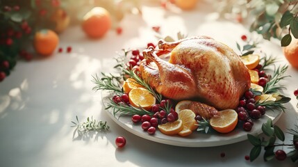 Roasted turkey with a golden-brown skin, garnished with fresh rosemary, orange halves, and cranberries on a serving platter