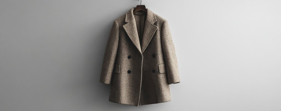 Elegant winter coat hanging on a hook against a plain background